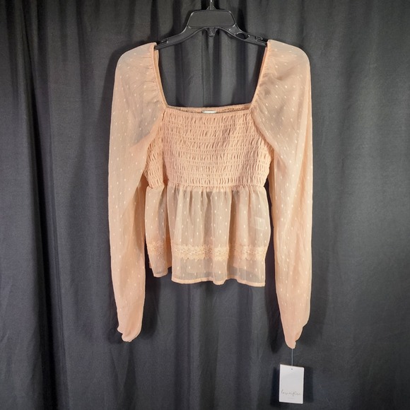 Love Fire Tops - Love Fire Pink Swiss Dot Smocked Peplum Blouse Square Neck Long Sleeve Size L